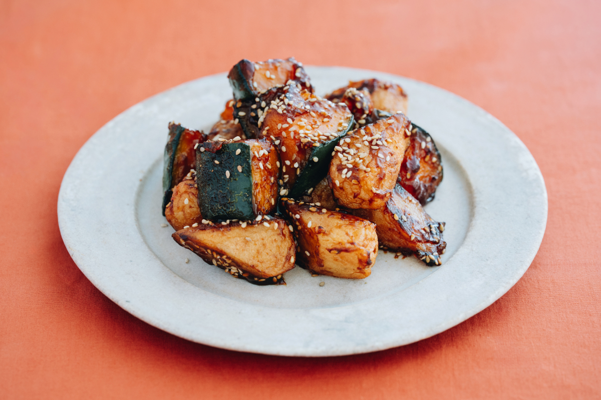 かぼちゃとさつま揚げの甘辛胡麻照り焼き